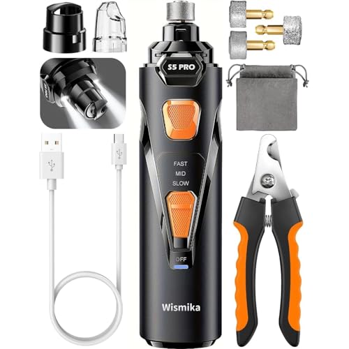 Wismika Krallenschleifer für Hunde mit 4 LED-Leuchten,3 Geschwindigkeiten Neuester Nagelfräse mit Krallenschere, Superleise, Wiederaufladbar für Hunde und Katzen Aller