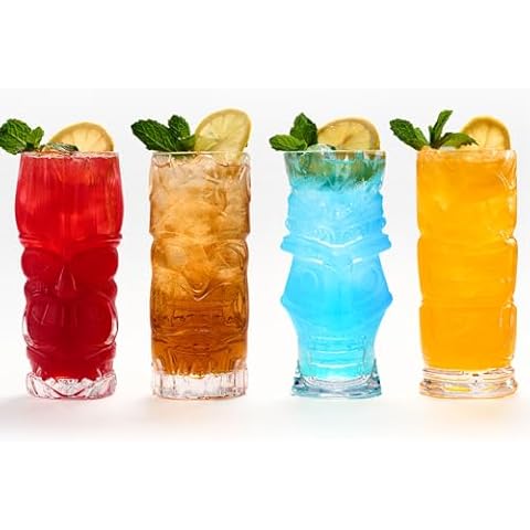 Burns Glass Tiki Glasses Set of 4, 16 Oz Clear Tiki Glass for Cocktail, Modern Tropical Tiki Cups Tumbler Glass Set, Mixed Drinking Glass for Tiki Bar Island Party Beverages Iced Tea Cover