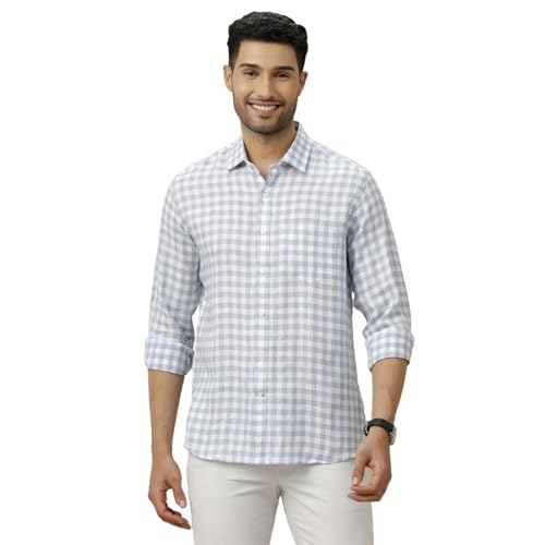 Image of Linen Club Men's Pure Linen Blue Checked Contemporary Fit Half Sleeve Casual Shirt