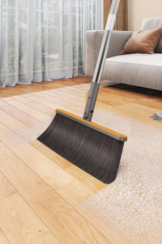 Image of Plastic Broom and Dustpan Set Fordable Windproof Dust Pan with Aluminum Handle Upright Standing Floor Sweep