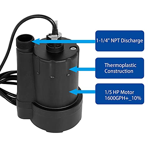 1/5 HP Submersible Utility Pump Thermoplastic Submersible Pump Electric Water Transfer Pump with 10FT Cord, Black