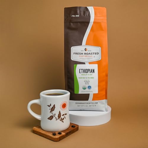 Image of Fresh Roasted Coffee, Organic Ethiopian Water-Processed Half-Caf Drip Ground Coffee, Medium Roast, USDA Organic, 100% Single Origin, Kosher, 2 lb (32 oz)