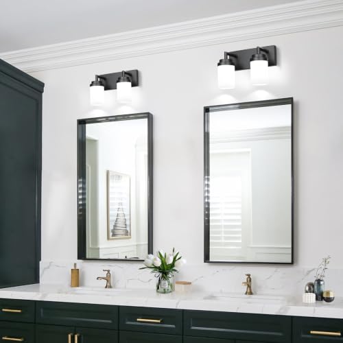 Image of Bathroom Light Fixtures, Matte Black Bathroom Lighting Fixtures Over Mirror, Modern Vanity Light with White Glass Shade, Restroom Lighting Fixtures, 2-Light 13-inch