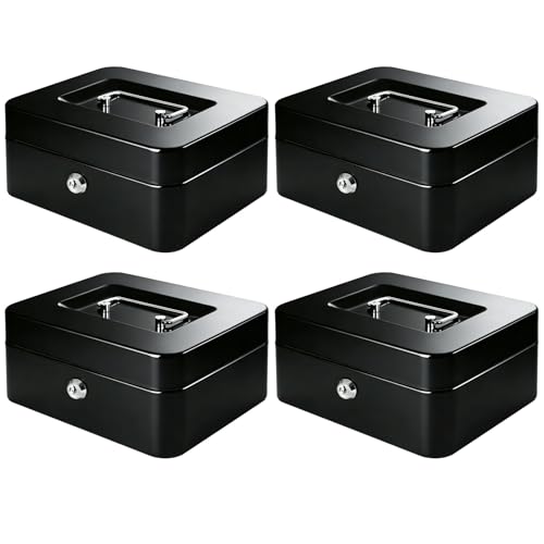 Image of KYODOLED Metal Cash Box with Key Lock & Money Tray - Secure Safe for Home, Office & Events, Ideal for Cash, Meds & Small Items, 7.87 inch x 6.30 inch x 3.35 inch, Black, 4PACK