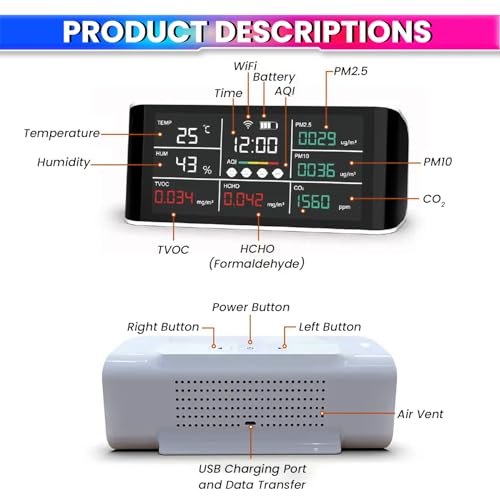 Image of amiciSense WIFI Air Quality Meter with Time Display & Data Export Feature-CO2 /PM2.5 /HCHO /Temperature /Humidity Sensor Compatible with SmartLife App