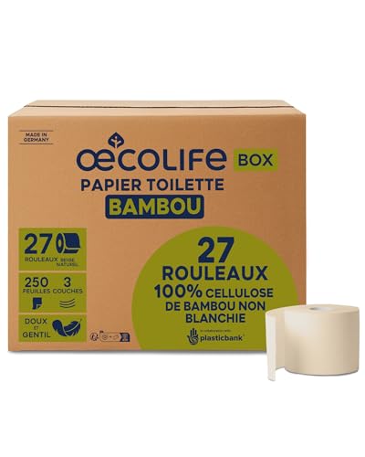 œcolife papier toilette bambou, 3 couches, 27 rouleaux x 250 feuilles, emballage en vrac, super doux, sans plastique, papier hygiénique, végétalien, papier...