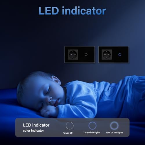 BSEED Steckdose mit Lichtschalter,Glas Touch Lichtschalter Unterputz Schalter,Schuko Steckdose mit 1 Fach 1 Wege Wandschalter Schwarz(Nicht Smart Schalter)