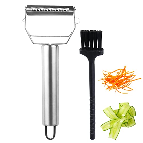 Pelador de acero inoxidable, pelador de verduras de doble filo, pelador con cepillo, mango ergonómico, pelador de frutas, pelador para verduras, frutas, patatas, zanahorias, apto para lavavajillas Cover