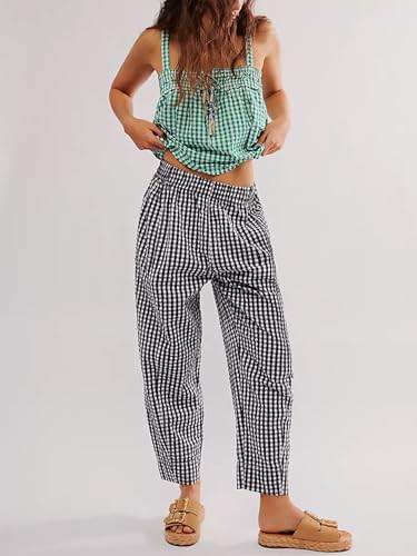 Women's Plaid Pant Gingham Lounge Pants Wide Leg Mid Rise Elastic Waist Checkered Long Trousers with Pockets3