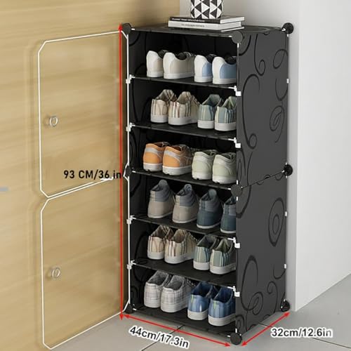 Image of KRISHYAM 6-Tier Shoe Rack Organizer with 2 Doors | DIY Portable Shoe Storage Cabinet for Boots, Shoes & Slippers | 12 Pair Capacity | Closet Organizer & Space Saver - Black
