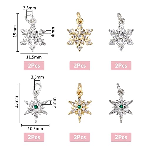 SUPERFINDINGS 12Pcs 6 Style Brass Star Snowflake Pendants Mixed Color Cubic Zirconia Charm with Jump Ring Plating Winter Christmas Pendant for Jewelry Making Hole: 3.5mm - Image 2