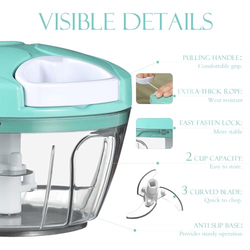 Image of Ourokhome Manual Food Processor Vegetable Chopper, Portable Hand Pull String Garlic Mincer Onion Cutter for Veggies, Ginger, Fruits, Nuts, Herbs, etc., 500ml, Teal