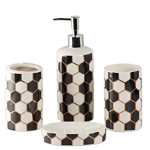 Image of SaSaSa Ceramic Bathroom Accessories Set of 4 Modern Bath Set with Soap Dispenser & Toothbrush Holder, Luxury Home & Gift Idea, White /Black (8351)