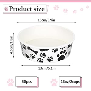 Whaline 50pcs pets disposable feeding bowls 16 oz 2 cup black white cute design paper dog bowls bulk bone and paw pattern pets travel bowls serving water food tray for puppy kitten small dogs cats   cucciolini doodles