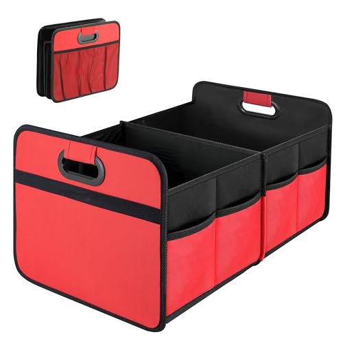 Simple Deluxe Car Trunk Organizer, 2 Compartments Collapsible Trunk Storage, Anti-slip Design, Made of Waterproof 600D Oxford Polyester, Suitable for SUV, Minivan, Truck, Standard Size, Red New