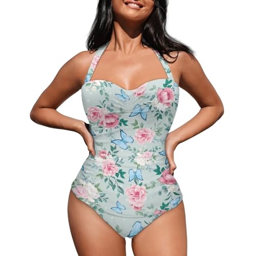 Gzzxiailg Butterfly Flower Bathing Suit for Womens One Piece Retro Swimsuit Wrap Front Tie Back Swimwear Vintage Bikini Tummy Control