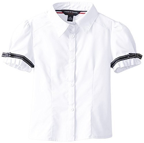 French Toast Little Girls  Short Sleeve Ribbon Bow Blouse, White, 6