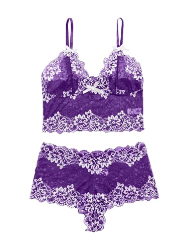 Image of Lilosy Sexy Lingerie for Women Lace Pajamas Set Cami Bra and Panty High Waist Sheer Sleepwear 2 Piece 2XS-6XL