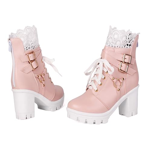 Image of BEAUPAS Women's Gothic Lace Up Platform Ankle Boots Buckles | Buckle Strap, Chunky High Heel, Lace Cuff Top, Platform Combat Boots, Women's Footwear