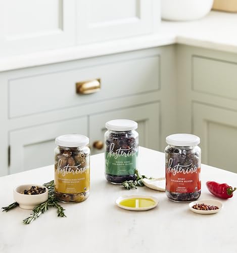 Kosterina Snacking Olives Trio | Greek Herb, Coriander & Pink Pepper & Spicy Flavor | Pitted and Dry-packed | Kalamata & Green Olives | 6.7oz (190g), 3 Pack