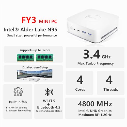 Image of FUNYET Mini PC Gaming PC, Desktop Computer with Intel 12th Gen Alder Lake N95(up to 3.4GHz), 16GB DDR4 RAM 1TB SSD, Supports 4K Displays, Windows 11 Pro White
