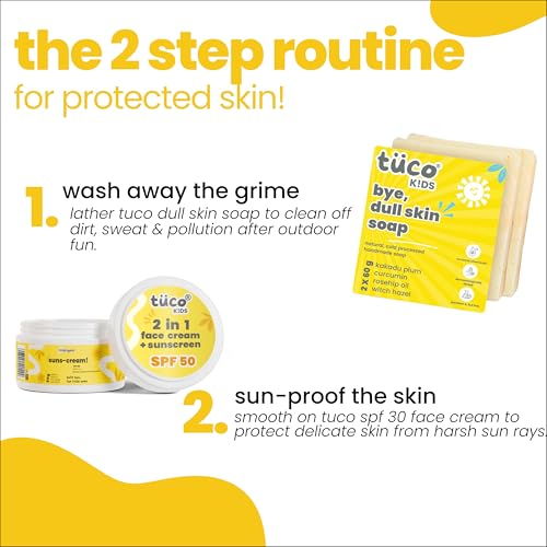 Image of Tuco Kids Dull Skin Soap (60 gm x 2) & Sunscreen (50 gm) | Face Glow Kit | Safe For Kids | Ages 2-5, 5-10, 10-15 | Paraben & Sulfate Free | 170 gm- Pack of 3