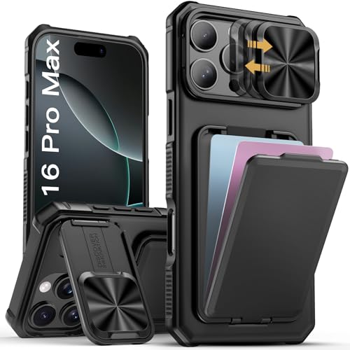 SSLOTSCASE for iPhone 16 Pro Max Case with Card Holder & Kickstand & Slide Camera Lens Cover Silicone Edge Protection Rugged Heavy Duty Phone Case Cover for iPhone 16 Pro Max 6.9 2024 Black