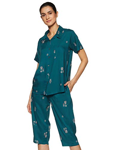 Image of Longies Women's Rayon Pyjama Night Suit Regular Capri Set ((LGRCSSY005 Blue Small) S)