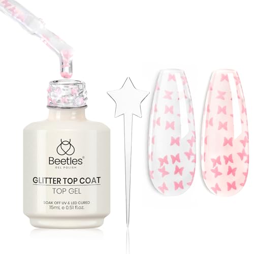 Image of Beetles Pink Butterfly Glitter Gel Top Coat, 15ml No Wipe UV LED