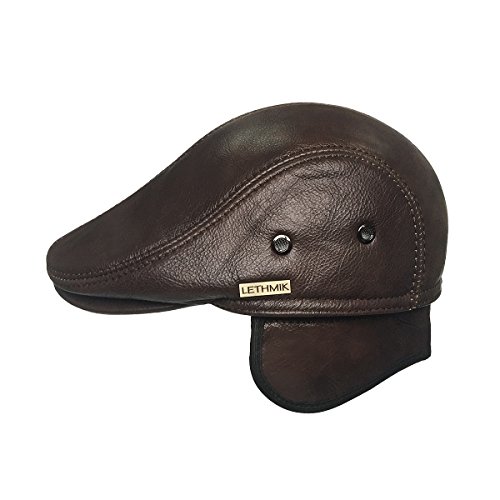 Lethmik Flat Cabbie Cap Genuine Leather Vintage Newsboy Ivy Hat Hunting, Coffee #TOP4