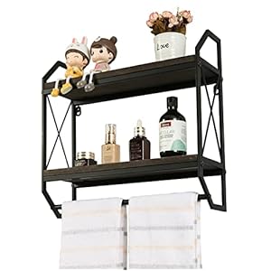 2 Tier Metal Industrial Bathroom Shelves with Towel Bar Floating Storage Organizer Shelves Rustic Wall Mounted Shelves Over Toilet Towel Rack for Bathroom Bedroom Kitchen