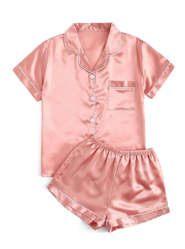 Image of Remidoo Women's Causal Short Sleeve Button Down Satin 2 Piece Pajama Set Sleepwear Loungewear Pink X-Small