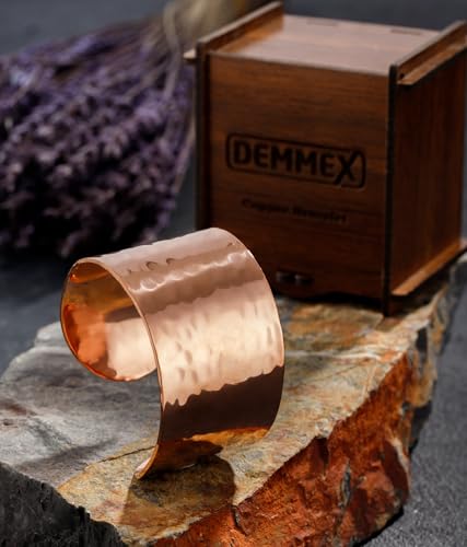 DEMMEX Copper Bracelet for Women – 100% Pure Hammered Turkish Copper Cuff, 1.5mm Thick High-Gauge, Handmade, Uncoated & Non-Magnetic, 1.6" Wide, Adjustable, in Wooden Gift Box2