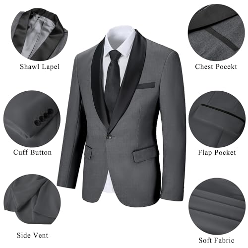 Men Suits 3 Piece Slim Fit Dark Grey Suit Tuxedo Blazer Vest Pants Shawl Lapel One Button Mens Formal Suit for Wedding Prom M4