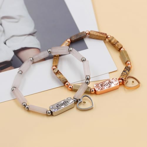 Image of Elastic Faith Bracelet for Women, Adjustable 7 inch Natural Stone Bracelet with Heart Mustard Seed Charm, Spiritual Christian Jewelry for Baptism, Graduation, Religious Celebration YA4856