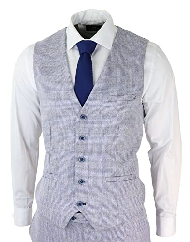 Mens 3 Piece Check Suit Tweed Light Blue Tailored Fit Wedding Peaky Classic3