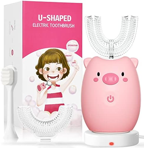 Kids Electric Toothbrushes U Shaped: Rechargeable Ultrasonic Automatic Toothbrush with 3 Brush Heads Auto Sonic Toothbrush for Children Age 2-7 IPX7 Waterproof Whole Mouth Smart Timer Cartoon Piggy
