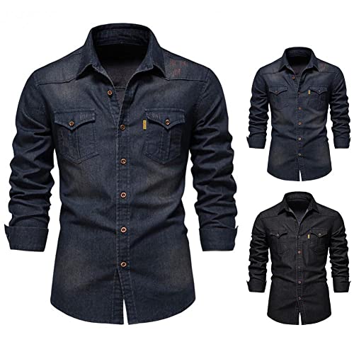 Men's Solid Color Long-Sleeved Denim Shirt Simple Lapel Workwear Top Jacket4
