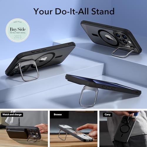 Image of ESR for iPhone 15 Pro Case, Compatible with MagSafe, Military-Grade Protective Case, Built-in Stash Stand Phone Case, Scratch-Resistant Back Cover, Classic Series, Clear Black