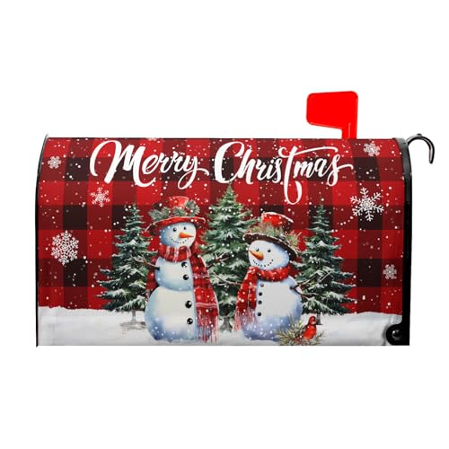 Image of Merry Christmas Buffalo Plaid Snowman Mailbox Cover - Magnetic, Standard Size 25.5 x 21 Inches, Holiday Decorative Wrap for Home Outdoor Garden