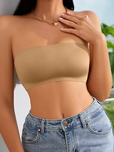 Makemechic Women's Strapless Bralette Seamless Wireless Bandeau Bra Crop Tube Top Camel M #TOP2