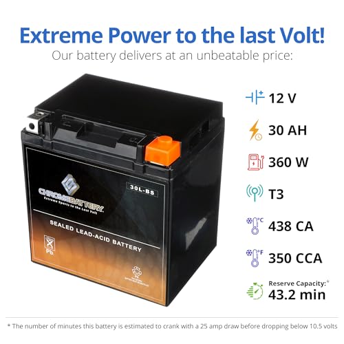 Image of CB CHROMEBATTERY YTX30L-BS 12V 385 CCA AGM - Maintenance-Free 30Ah Battery for Harley, ATV, UTV, Snowmobile, Jet Ski - T3 Nut & Bolt Terminal - Fits Harley Touring, Polaris Sportsman 850