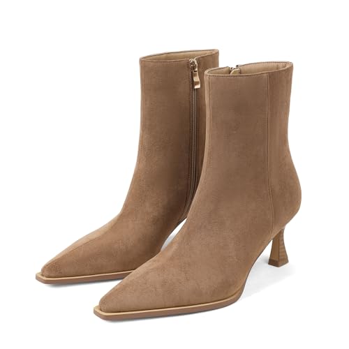 Image of Womens Brown Suede Fall Boots with Side Zip, Ankle, Mid Calf, Pointed Toe, Kitten Heel, Dressy, Short Boots