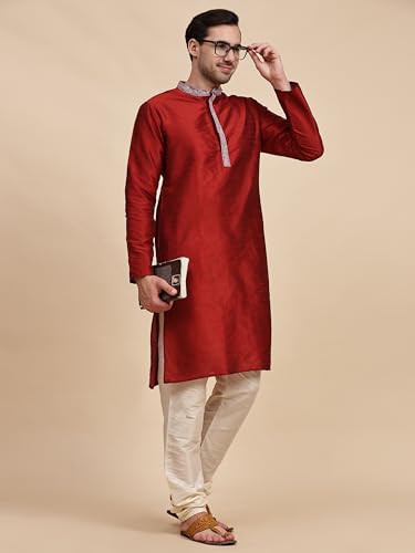 Image of SKAVIJ Men's Art Silk Embroidered Kurta Pajama Set Thread Work Ethnic Motifs Festive Party Dress