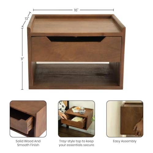 Image of Solid Sheesham Wood Wall Mounted Nightstand | Bedside Table with Drawer & Open Shelf | Space Saving Side Table for Bedroom & Living Room Decor | Modern End Table