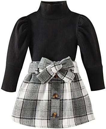 Fernvia Toddler Baby Girl Fall Winter Skirt Set Turtleneck Ribbed Long Sleeve T-Shirt Top & Plaid Skirts Dress 2Pcs Outfits