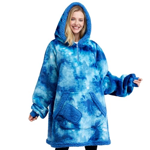 Image of Giggling Getup Wearable Blanket Hoodie for Women Men - Oversized Flannel Sherpa Fleece Sweatshirt Blanket - with Giant Pocket & Sleeves - Cozy Warm Blanket Birthday Gifts for Adults Dark Blue Tie Dye