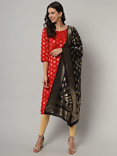 Image of VredeVogel Women's Cotton Silk Blend Straight Kurta With Dupatta with Banarasi Silk Dupatta