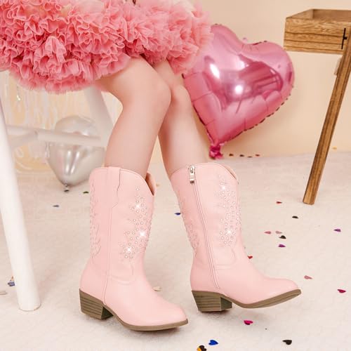 Sparkly Rhinestone Cowgirl Boots Toddler to Big Kids Mid Calf Zipper Low Heel Pointed Toes Party Birthday Dress Up2
