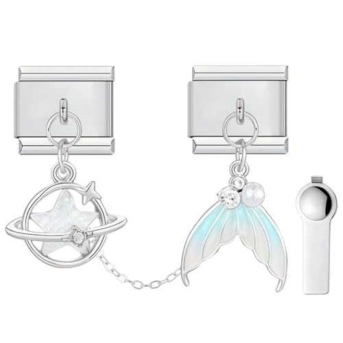 ZEKW Personalized Double Charm – 9mm Stainless Steel Italian Link Bracelet Accessory with Installation Tool (Planet & Fish Tail)